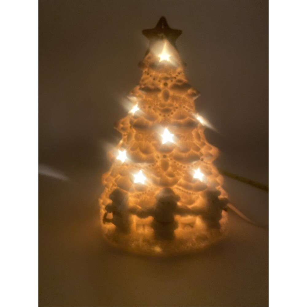 Ivory Gold Christmas Tree Lamp Nightlight Bear Santa Snowman Flocked Snow White